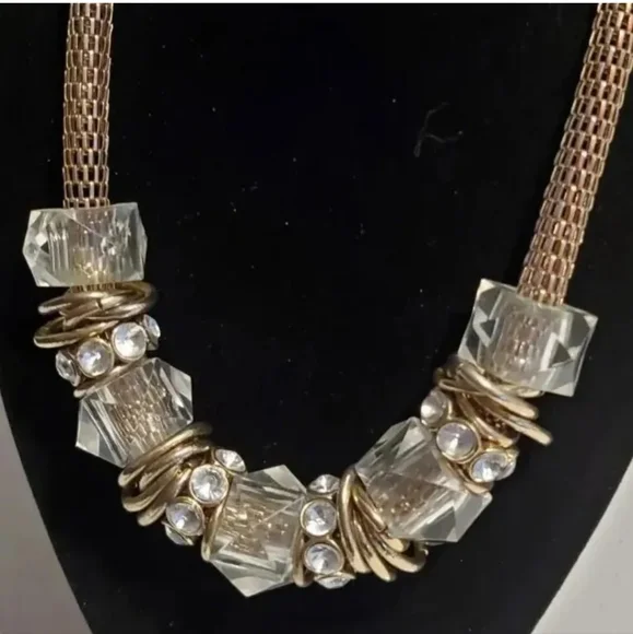 Dramatic Brass & Gold Colored Rhinestones Crystals Statement Necklace 16"